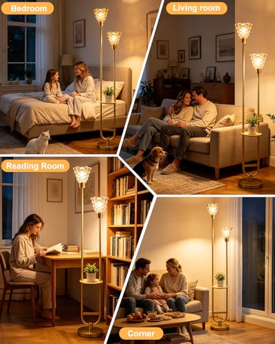 Image of Lightdot 2-Lights Modern Glass Floor Lamp with Shelf Gold Standing Tall Lamps with Amber Shell Glass Shade,LED Floor Lamp with Foot Switch for Living Room Bedroom Home Decor (3000K Bulbs Included)