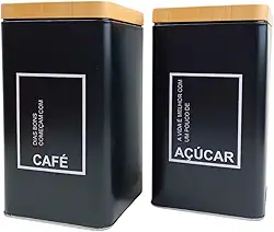 Conjunto de Potes Herméticos para Café e Açúcar Quadrado Metal Preto Fosco com Tampa na Cor Bambu Natural Decorativo Elegante Moderno Sofisticado Resistente e Boa Capacidade de Armazenamento