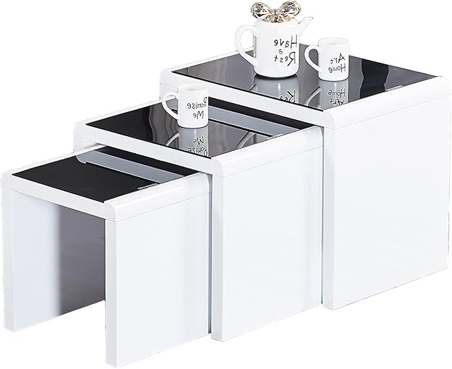 JaHECOME Nest of Tables Set of 3 Nesting Tables High Gloss Coffee Tables Stackable Design MDF Wood End Side Tables for Living Room Office or Lounge (Black)