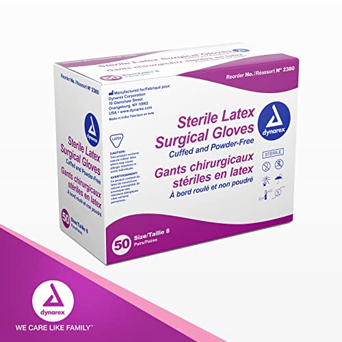 Dynarex Sterile Latex Surgical Gloves, Size 8 & Powder-Free, Offers Superior Protection & Comfort for Sensitive Hands, Beaded Cuffs, Bisque, 1 Box of 50 Pairs (Packaging May Vary)