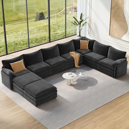 Image of Vesgantti Large Modular Sectional Sofa, Big Comfy Cloud Couch with Ottoman Deep Seat Corduroy Cloud Sofa, 9 Seater Large Sectional Couches for Living Room, Bedroom and Apartment, Gray