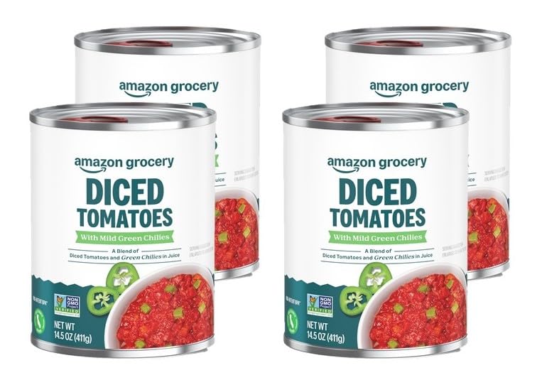 Amazon Grocery, Diced Tomatoes with Mild Green Chilies, 14.5 Oz, Pack of 4 (Previously Amazon Fresh, Packaging May Vary)