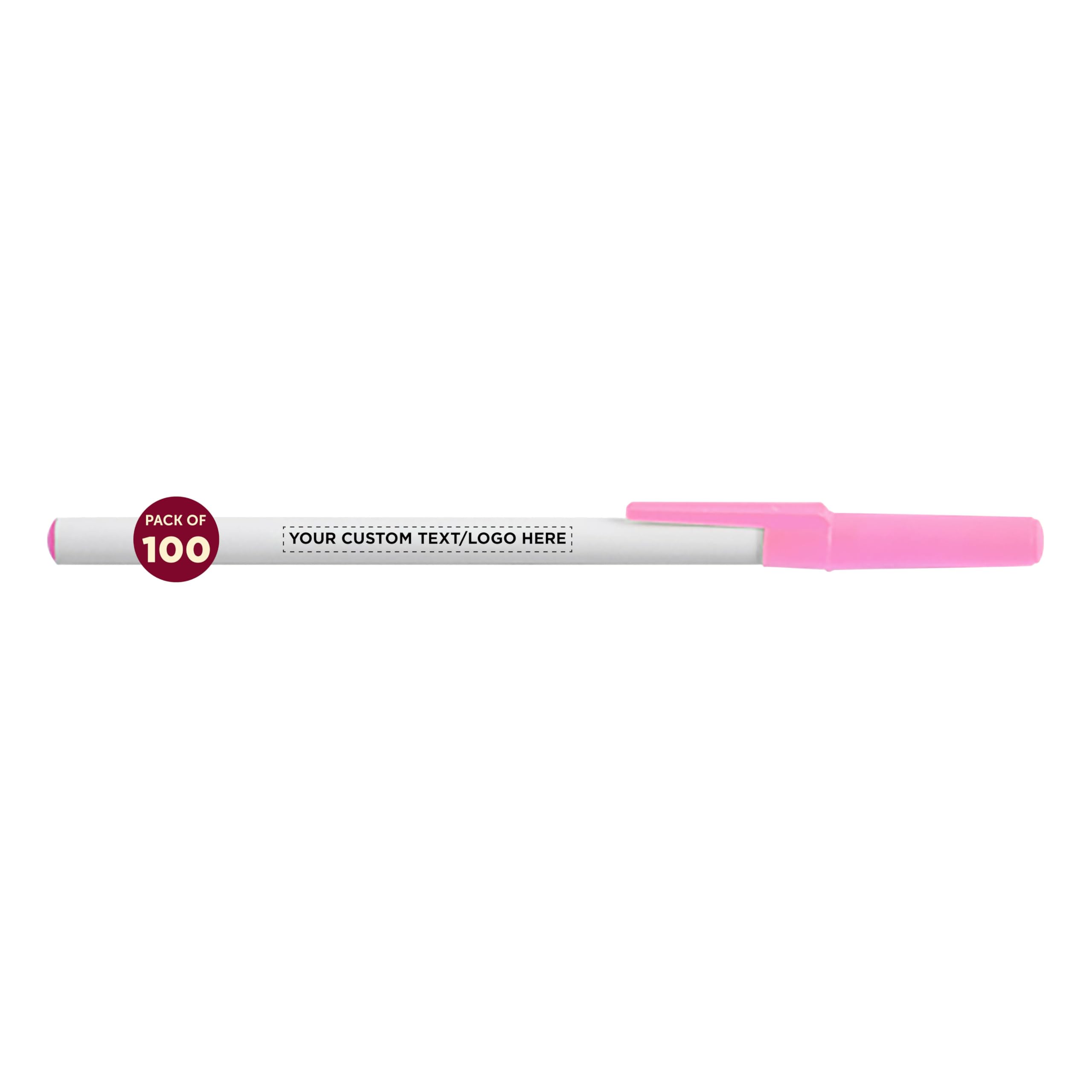 DISCOUNT PROMOS Custom Value Stick Pens Set of 100, Personalized Bulk Pack - Black Ink, Great for Office, School, Business, Tradeshows, Events - Pink
