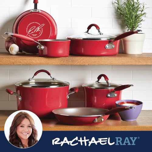 Image of Rachael Ray Cucina Nonstick Cookware Pots and Pans Set, 14-Piece, Cranberry Red