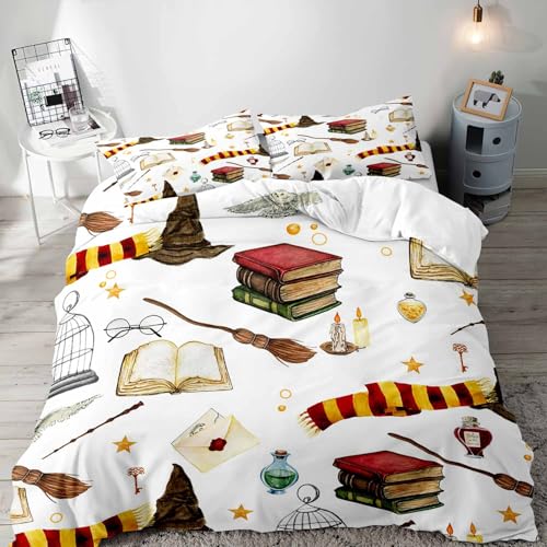 LUVIVIHOME 3PCS Halloween Duvet Cover Queen Bedding Set, White Duvet Cover, Magic Potion Spell Book Wizard Witch Hat Broom Scarf Owl Witchy Spooky Gothic Boys Girls Kids Comforter Cover 2 Pillow Cases