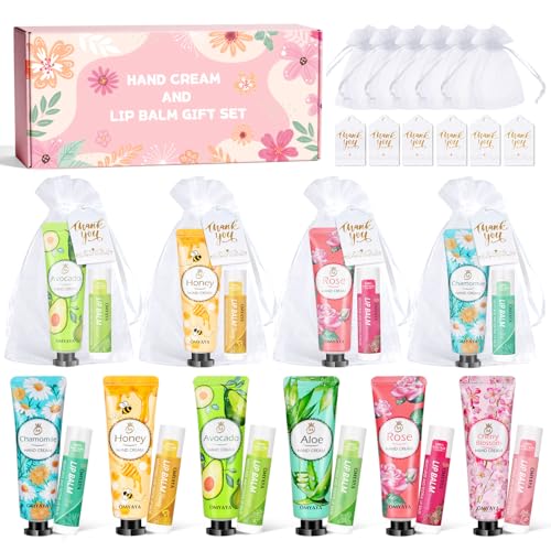 Bulk Gifts For Women, Lip Balm Bulk and Hand Cream Gift Set with Thank You Card Organza Bag, Teacher Appreciation Gifts, Women Nurse Gift, Party Favors For Bridal Wedding, Spa Party Supplies