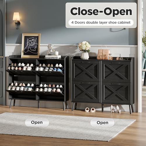 Image of Maupvit Large Shoe Storage Cabinet with 4 Flip Drawers, Narrow Shoe Cabinet for Entryway with Wooden Legs, Freestanding Hidden Shoe Rack Organizer & Metal Hinges, Black
