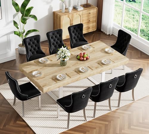 Image of Oak Dining Room Table Set for 8, 9-Piece 63 inch-78.74 inch Extendable Dining Table Set with 8 Upholstered Chairs, Rectangle Wooden Expanding Kitchen Table and Black Chairs Set