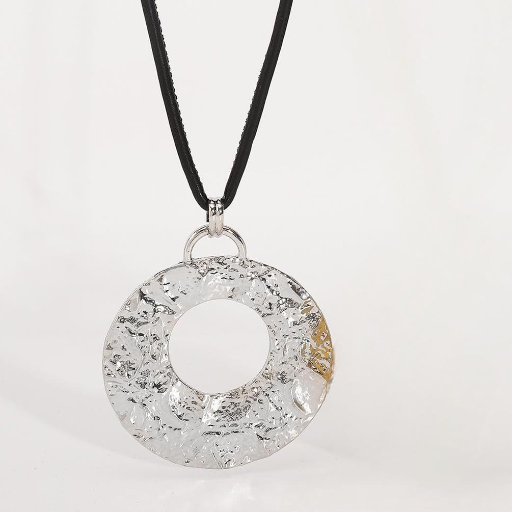 Large Gold Hammered Hollow Round Disc Pendant Necklace for Women, Retro Long Black Leather Rope Silver Circle Necklace Trendy Costume Accessories Jewelry - Image 7