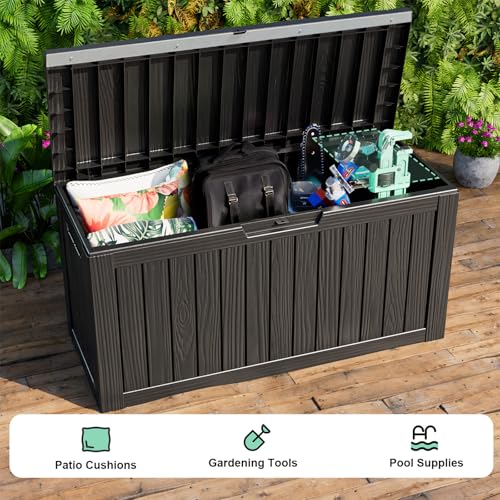 Image of 90 Gallon Waterproof Resin Deck Box, UV Resistant Outdoor Storage for Garden, Patio, Porch, Delivery, Striped Black