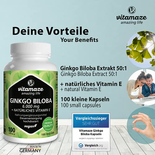 Ginkgo Biloba Kapseln hochdosiert 6000 mg vegan Gingko Biloba Extrakt 50:1, 100 Kapseln für 100 Tage Dauerversorgung, Nahrungsergänzung ohne Zusätze, Made in Germany