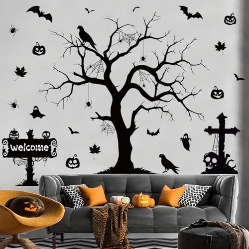 Halloween Spooky Wall Decals Black Tree Branch Wall Sticker Gothic Crow Bats Spider Horror Pumpkin Wall Decor Black Skull Halloween Festival Decoration for Holiday Home Party Classroom Office