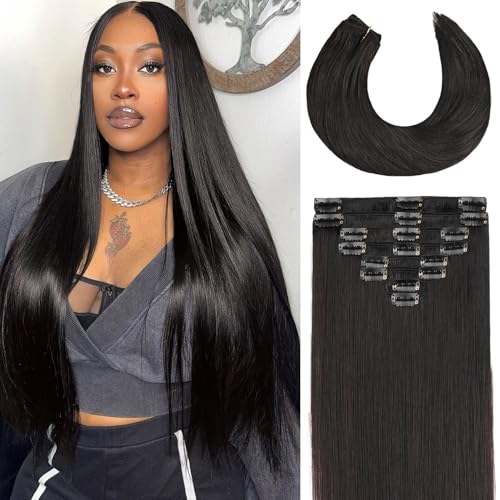 Image of Invisible Clip in Hair Extensions Real Human Hair 20 Inch 8pcs /105g | Real Remy Seamless Straight Hair Extensions Clip Ins for Women (Cabello Humano), 1B Natural Black