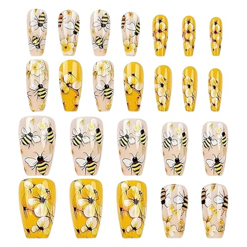 Apujent つけ爪 スクエア型 セルフネイル用品 | プレスオンフェイクネイル,再利用可能な24枚セット ビーとフラワー デザイン 旅行 ステージ ショッピング用