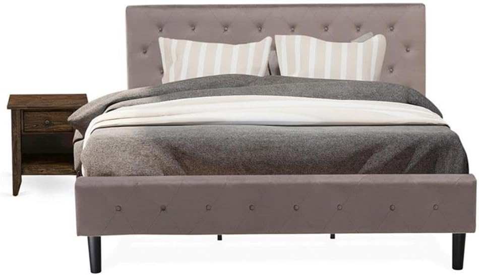 East West Furniture NL14K-1GA07 2 Piece Bedroom Set - King Size Button Tufted Bed - Brown Taupe Velvet Fabric Upholstered Headboard and a Distressed Jacobean Finish Nightstand