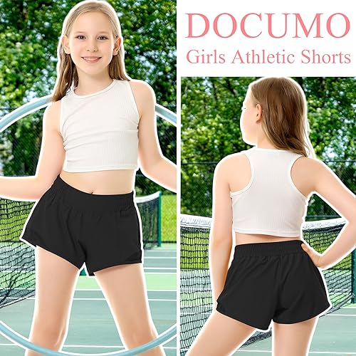 DOCUMO Girls Athletic Shorts with Liner Lightweight Running Shorts (Black, X-Large)2