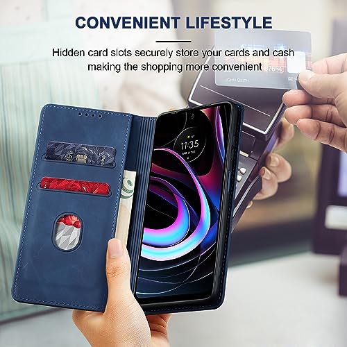 Image of Jasonyu Flip Wallet Case for Motorola Edge 5G UW /Moto Edge (2021),Leather Magnetic Folio Cover with Card Holder,Kickstand - TPU Shockproof Durable Protective Phone Case,Blue