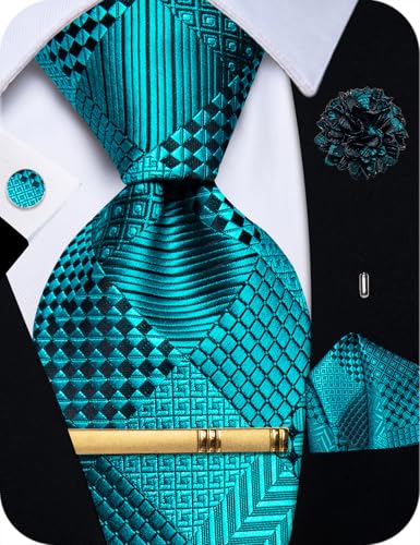 Image of YourTies Striped Plaid Ties for Men Silk Formal Necktie Set | 3.15 inch(8cm) Woven Jacquard Mens Ties with Necktie Pocket Square Cufflink Tie Clip Lapel Pin for Wedding Business Party