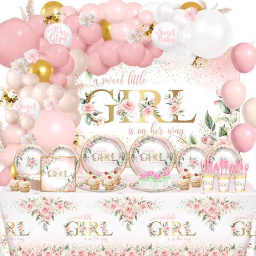 Lecheme Baby Shower Decorations for Girl 278 Pcs Floral Plates Set Serve 24