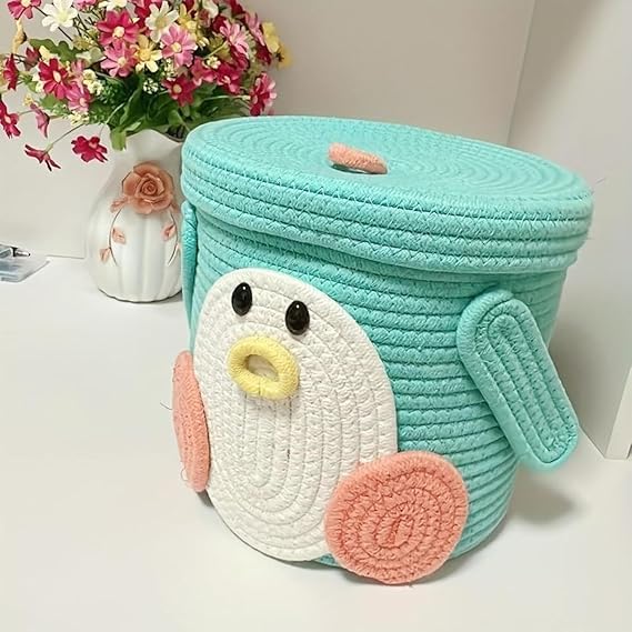 Image of Talib Textile Woven Cotton Rope Round Jute Basket Bin Storage Organizer With Lid for Home, Kitchen, Baby, Laundry Hamper, Toys, Clothes (Aqua, 10+10)