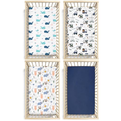 Image of Plushii 4 Pack Fitted Crib Sheets for Baby Boys, 28 inchx 52 inch Extra Soft Microfiber Crib Sheet Set for Standard Crib & Toddler Mattress Pad, Whale & Trucks & Little Bear & Navy Blue