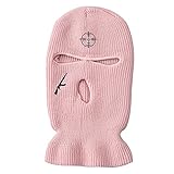 ytnkiv maschera da sci a 3 fori in lana lavorata a maglia, calda, per attività all'aperto, ricamo, ciclismo, antivento, passamontagna (rosa)