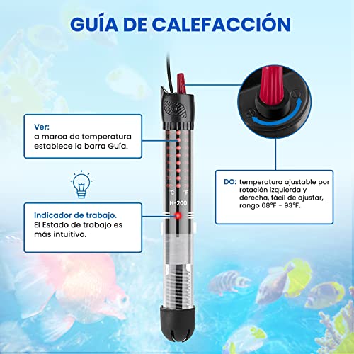 DoRight Calentador de Acuario Sumergible 50W Calentador de Acuario de Temperatura Ajustable, con Ventosa, Termómetro Incorporado Controlador de Temperatura Exterior para Pecera para Acuario 20L-60L - imagen 4