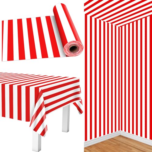 Rollo De Mantel De Carnaval De 30 M, Mantel De Rayas Rojas Y Blancas, De Plástico Rojo, Decoración De Fiesta Temática De Carnaval, Decoración para Cumpleaños, Noche De Películas