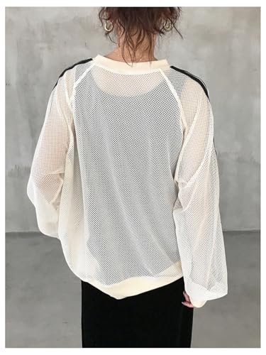 Verdusa Women's Mesh Sheer Oversized Sweaters Striped Raglan Sleeve Pullover Tops2