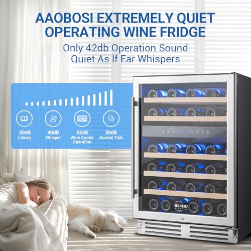 Image of AAOBOSI Upgraded 24 Inch Wine Fridge, 48Bottles Wine Cooler with Dual Zone, Freestanding and Built-in Wine Refrigerator with Adjustable Shelves and Safety Lock, Double-Layer Glass Door, LED Light