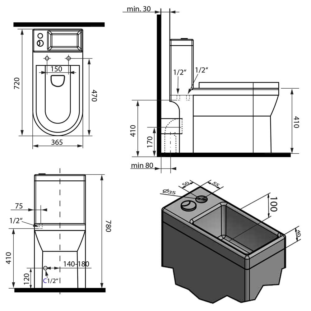 HYGIE - Inodoro combinado con lavabo, salida vertical y horizontal, color blanco