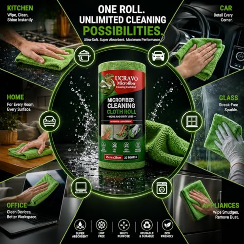 Image of UCRAVO 60 SHEETS Microfiber Cleaning Cloth Roll 10X Cheaper Than Paper Reusable and 12000 Times Washable Tear-Away Kitchen Towel Roll Highly Absorbent Lint-Free, Streak-Free Cleaning Rags (Green)