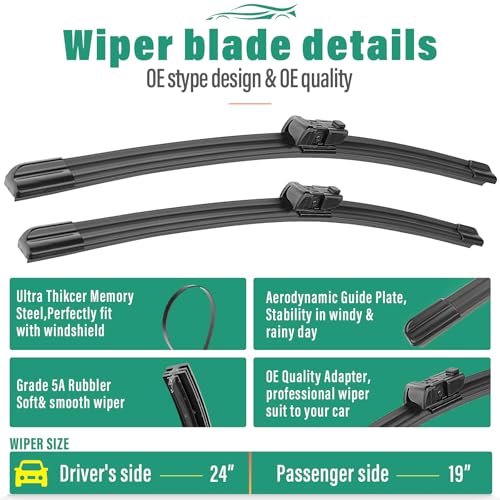 Image of 24 inch 19 inch 12 inch Windshield Wiper Blades Replacement for Honda Civic Hatchback 2022 2023 2024 2025 Premium All Weather Front Rear Wipers Set - OEM Quality (Pack of 3)