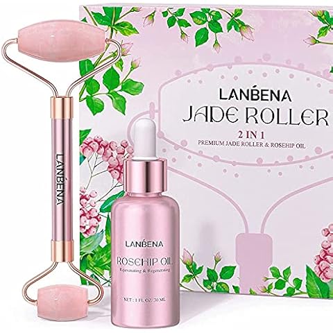 Jade-Roller & Rosehip-Oil, LANBENA 2 in 1 Facial Roller Set, Rose-Quartz-Jade-Roller, Natural Face Roller Massager, 100% Pure Rosehip Seed Oil, for Face, Eye, Neck, Reduce Wrinkle & Dark Circle Cover