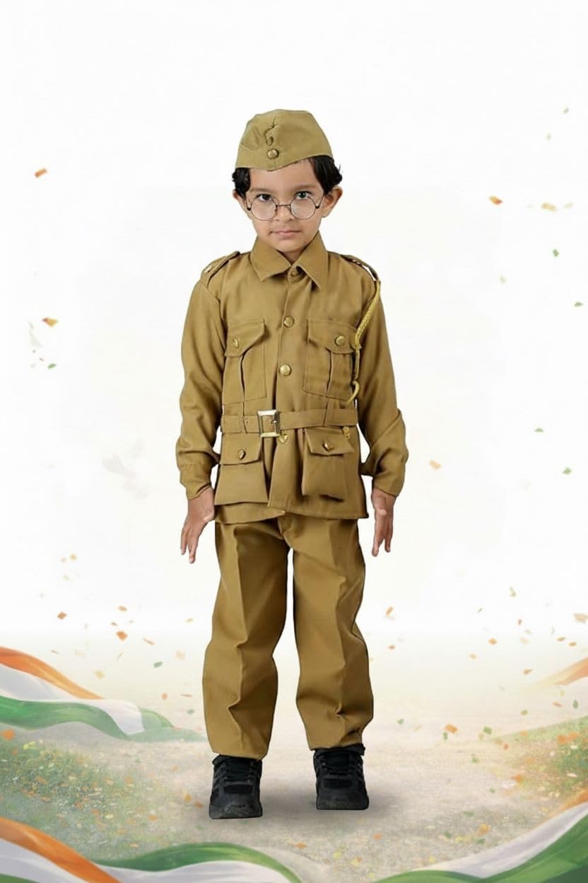 BookMyCostume National Hero Freedom Fighter Kids Fancy Dress Costume - Khaki Adults S-M