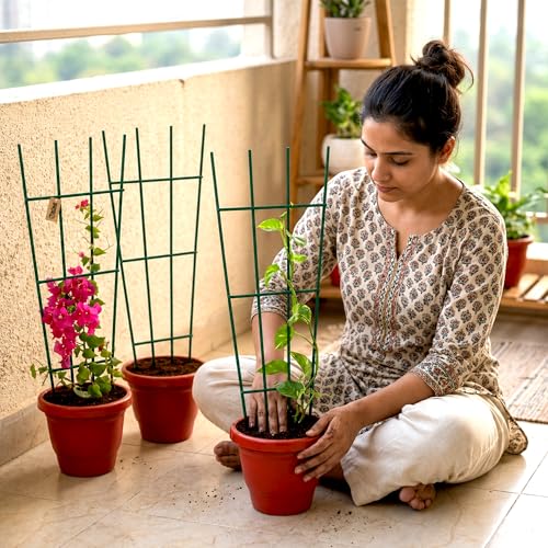 Image of Urban Plant Greenweave Trellis for Climbing Plants (24 Inch) | Metal Plant Support for Money Plant, Ivy, Creepers & Vines | Powder Coated Weather Resistant Plant Climber Support (Green Pack of 6)