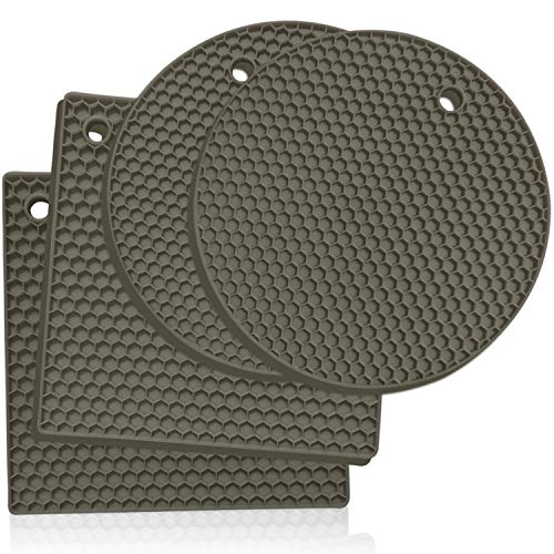 KITCHENATICS Salvamanteles Silicona: 4 pc. Tapetes de Silicona para Hornear Multiuso  Salvamanteles Resistentes al Calor Abrefrascos, Soporte Cuchara, Guantes Cocina, Posavasos, Agarraderas  Gris