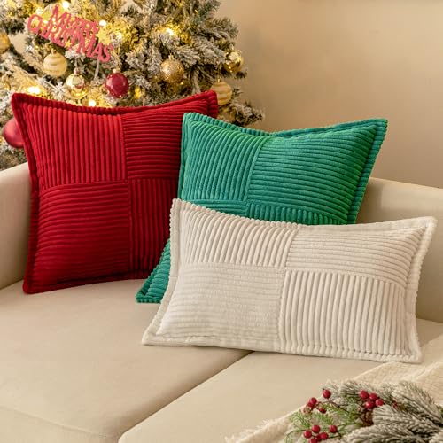 Image of MIULEE Decorative Euro Sham Throw Pillow Covers for Couch Bed Livingroom 24x24 Inch Set of 2 Red Boho Accent Throw Pllows Broadside Striped Patchwork Soft Corduroy Pillowcases