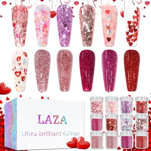 Laza 12 Colors Nail Art Glitter for Valentine’s Day Nail Stickers...