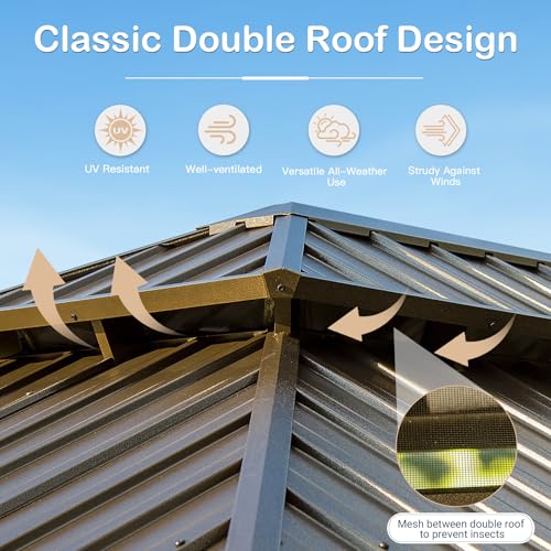 Domi 10' X 14' Hardtop Gazebo Outdoor Metal Gazebo Canopy with Galvanized Steel Double Roof, Wood Grain Aluminum Frame, Curtains and Netting for Patio, Deck, Garden - Image 8