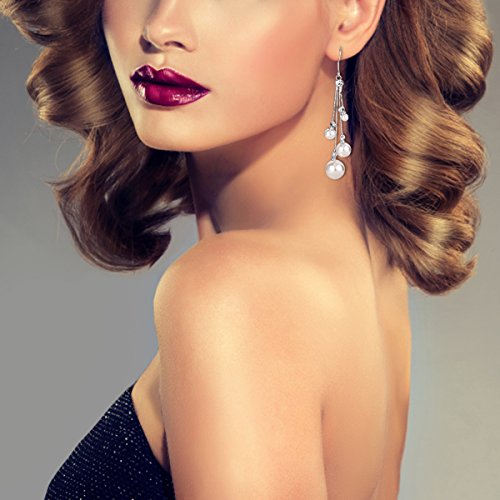 EleQueen Women's Silver-tone Crystal Simulated Pearl 4 Chain Bridal Long Dangle Hook Earrings Ivory Color2