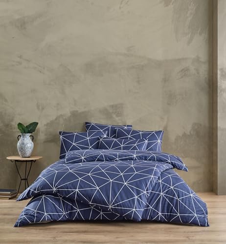Story Home, Juego de Funda Doble,100% Algodón Ranforce,144HILOS, 4 pcs (Funda nordica 200x220 cm,sábana Bajera Plana 220x240 cm,2 Fundas de Almohada 50x70cm),Bern Navy Blue