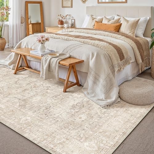 WondRg 8x10 Washable Area Rug for Living Room Bedroom Beige Neutral Vintage Carpet Low Pile Soft Thin Tapis Salon Distressed Non-Slip Vacuumable Lightweight Large Floor Rug Dining Room Indoor - 1