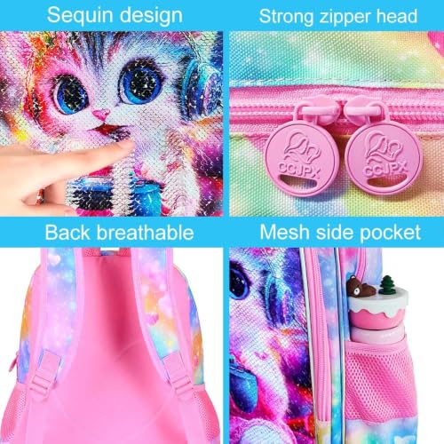 Image of CCJPX 3Pcs Cat Backpack for Girls, 16 inch Kids Sequin Bookbag with Lunch Box, Cute Water Resistant Schoolbag for Preschool Kindergarten Toddler(Pink)