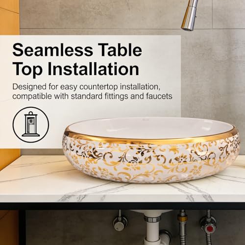 Image of Wallace Designer Oval Table Top Wash Basin White & Gold 60x40x15 cm | Premium Ceramic Countertop Vessel Sink with Floral Pattern | Luxury Over Counter Bathroom Basin