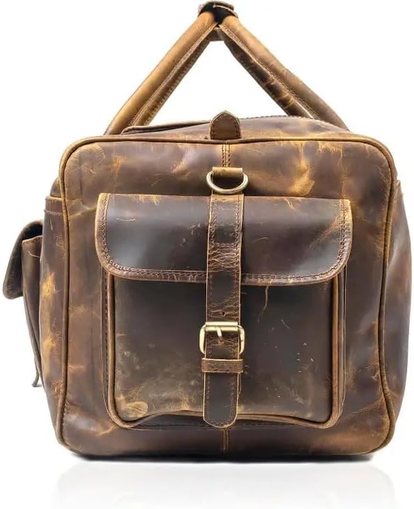 Tuzech 24 Inch Leather Duffle Bag for Men & Women, Vintage Leather Travel Weekender Bag, Large Handmade Leather Gym & Overnight Bag with Shoulder Strap