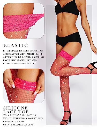 Image of SUREPOCH Sparkly Rhinestone Fishnet Thigh High Stockings for Women Silicone Lace Top