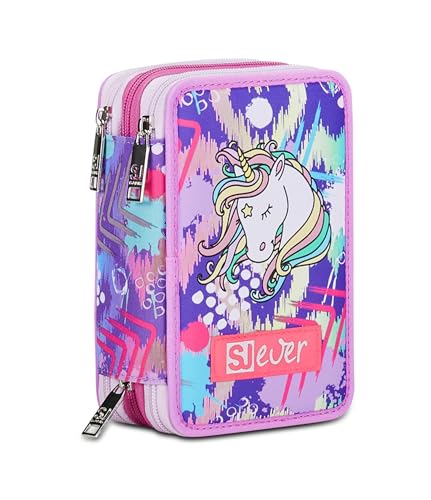 Sj Gang Sj Ever Astuccio Scuola 3 Zip, Viola, Heartscope Girl, Portapenne Triplo Scomparto Completo Di Penne, Matite, Colori, Accessori Zaino, Element