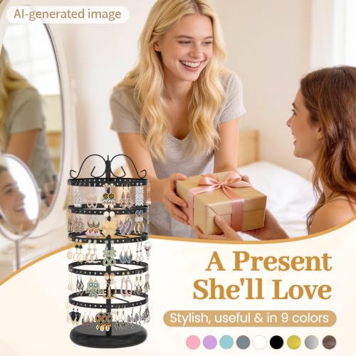 Image of MODOWEY Rotating Earring Holder Organizer Stand, 5 Tier Metal Tree Display for Women Vendors, 220 Holes Adjustable Jewelry rack for Stud Hoop Dangle Storage, Trendy Carousel Keeps Dresser Neat, Black