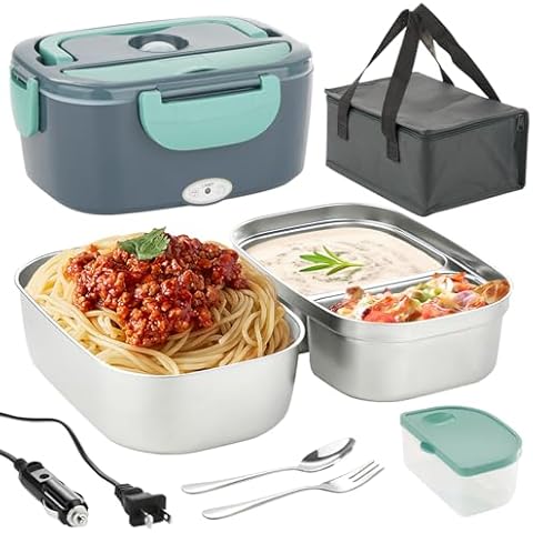 80W Faster Heated Lunch Box for Adults, Electric Lunch Box for Car/Truck/Office, with Dual 1.5L 304 Stainless Steel Food Containers, 0.45L PP Fruit/Snack Container, Fork & Spoon, Insulated Carry Bag Cover